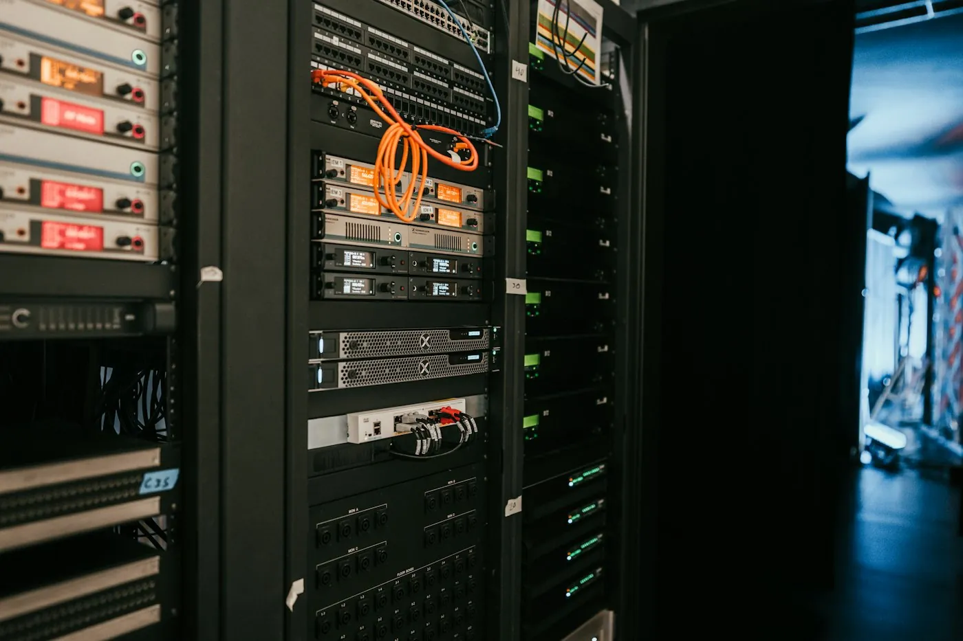 A rack of servers and network equipment